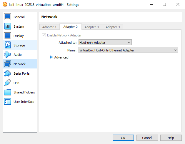 virtualbox image of network settings